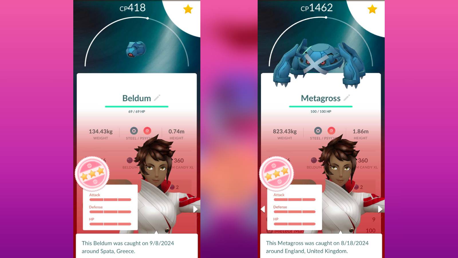 The Pokemon Beldum and Metagross are shown both with perfect IVs in Pokemon Go