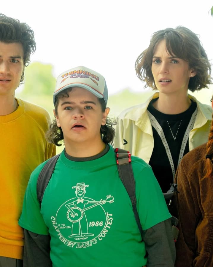 Stranger Things cast in Season 4 standing together and looking past the camera