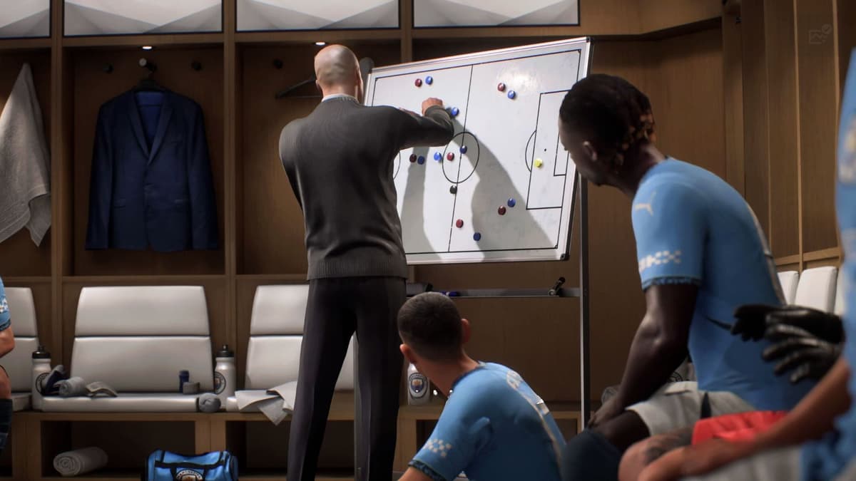 Screenshot of Pep Guardiola discussing tactics in EA FC 25