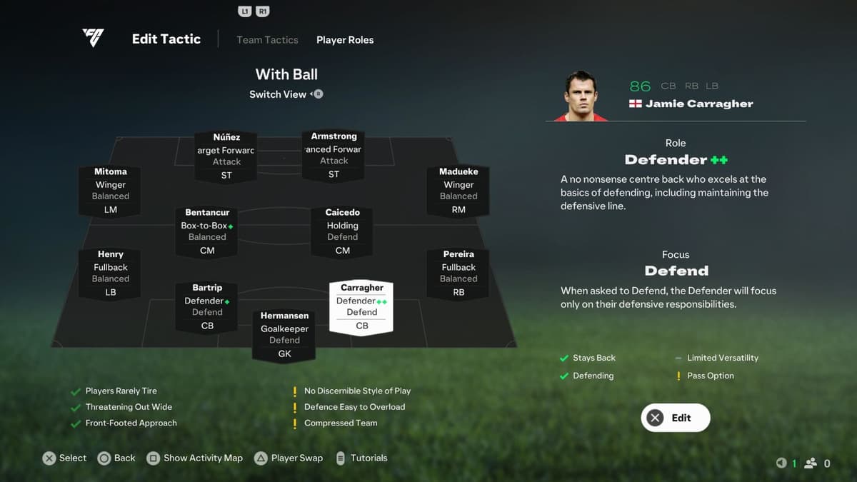 Screenshot of 4-4-2 with ball player roles in EA FC 25