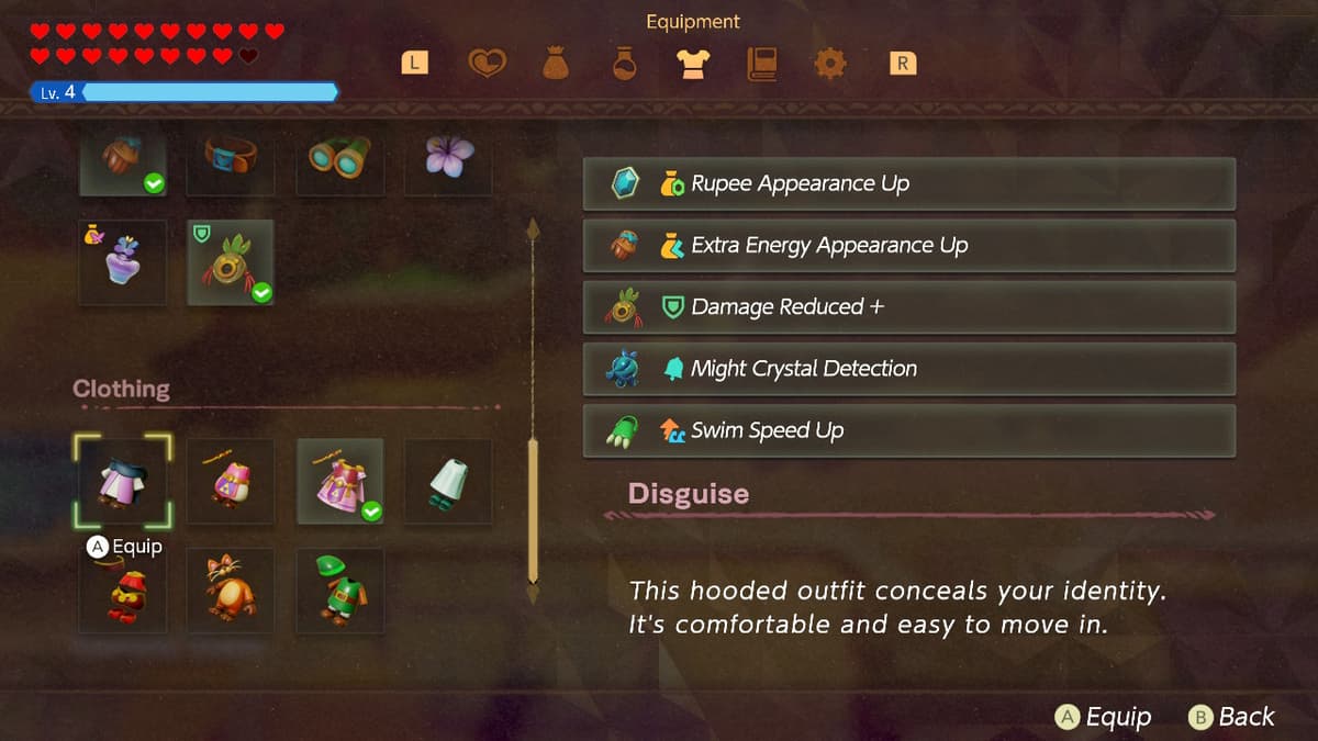 Item screen show outfits in Zelda: Echoes of Wisdom