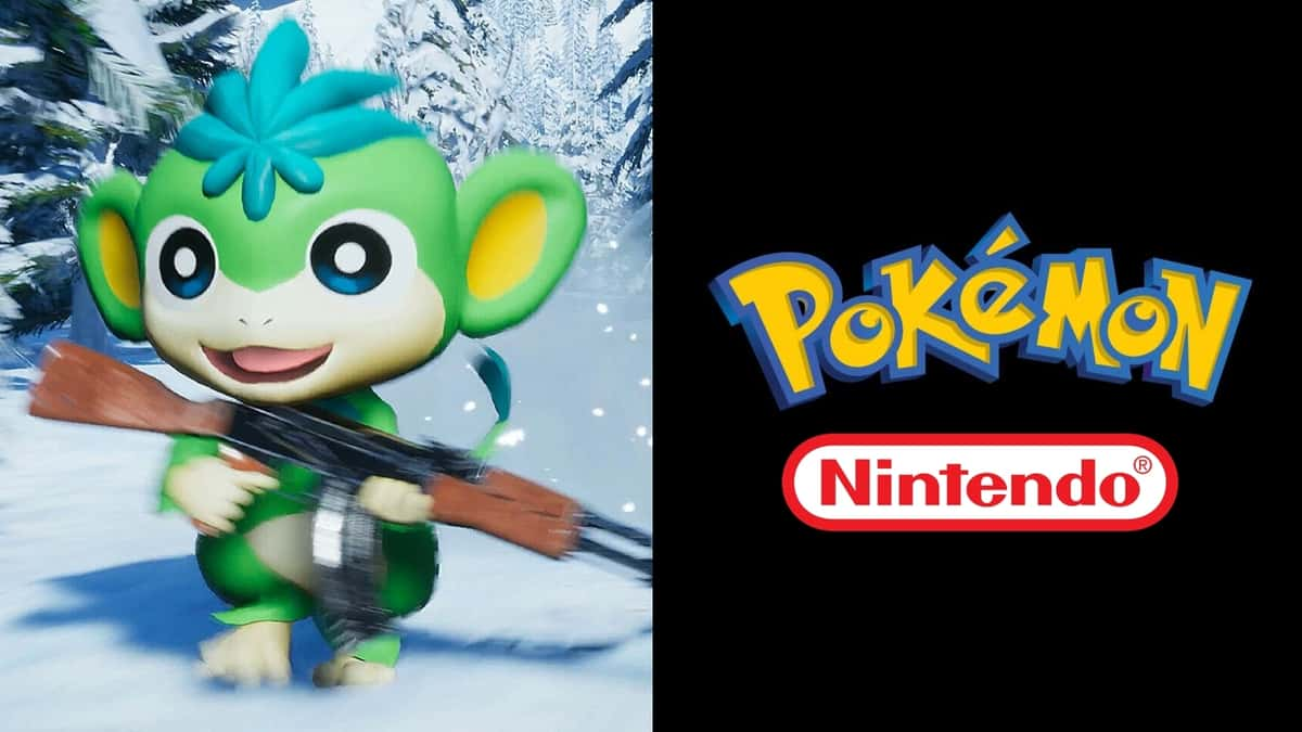 A small green Palworld monster holds a gun, next to the logos for Nintendo and Pokemon