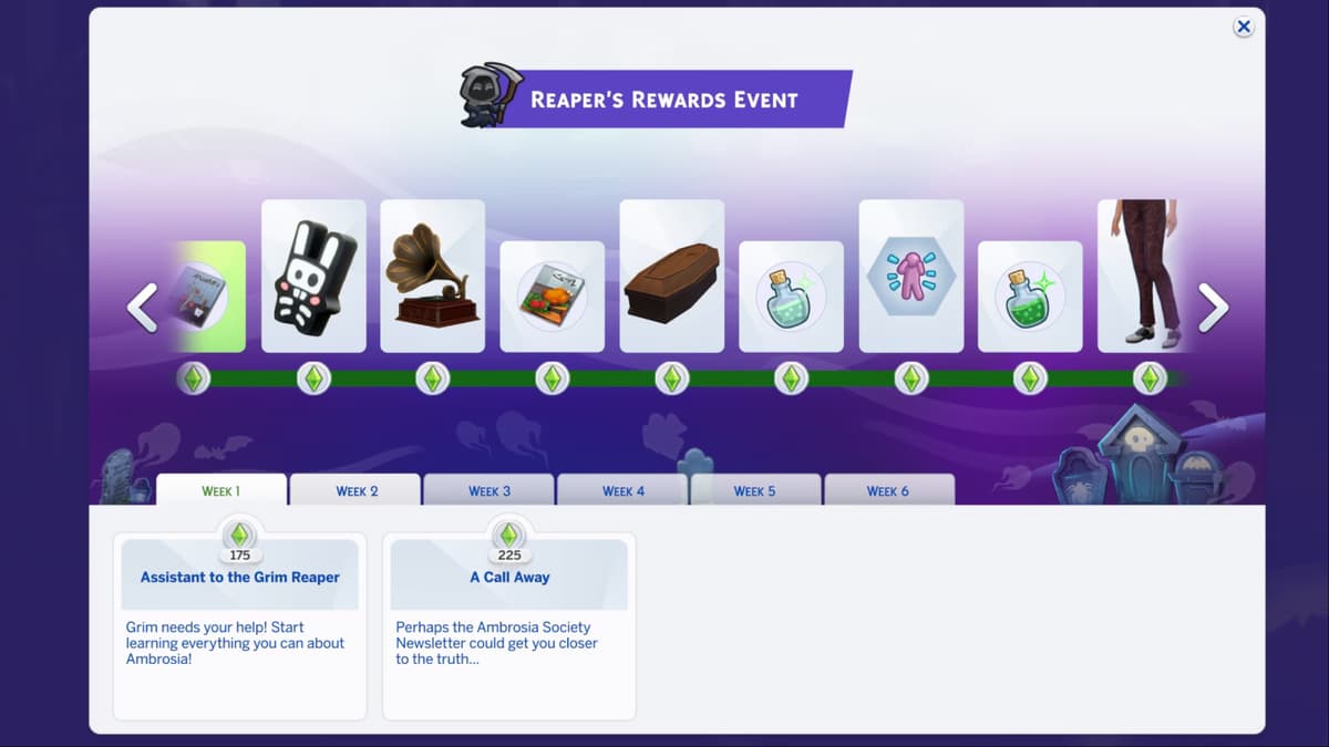 A screenshot featuring The Sims 4 Reaper's Rewards event quests.