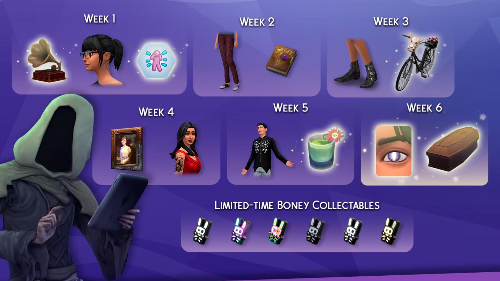 A screenshot featuring various freebies you can earn in The Sims 4 Reaper's Rewards event.