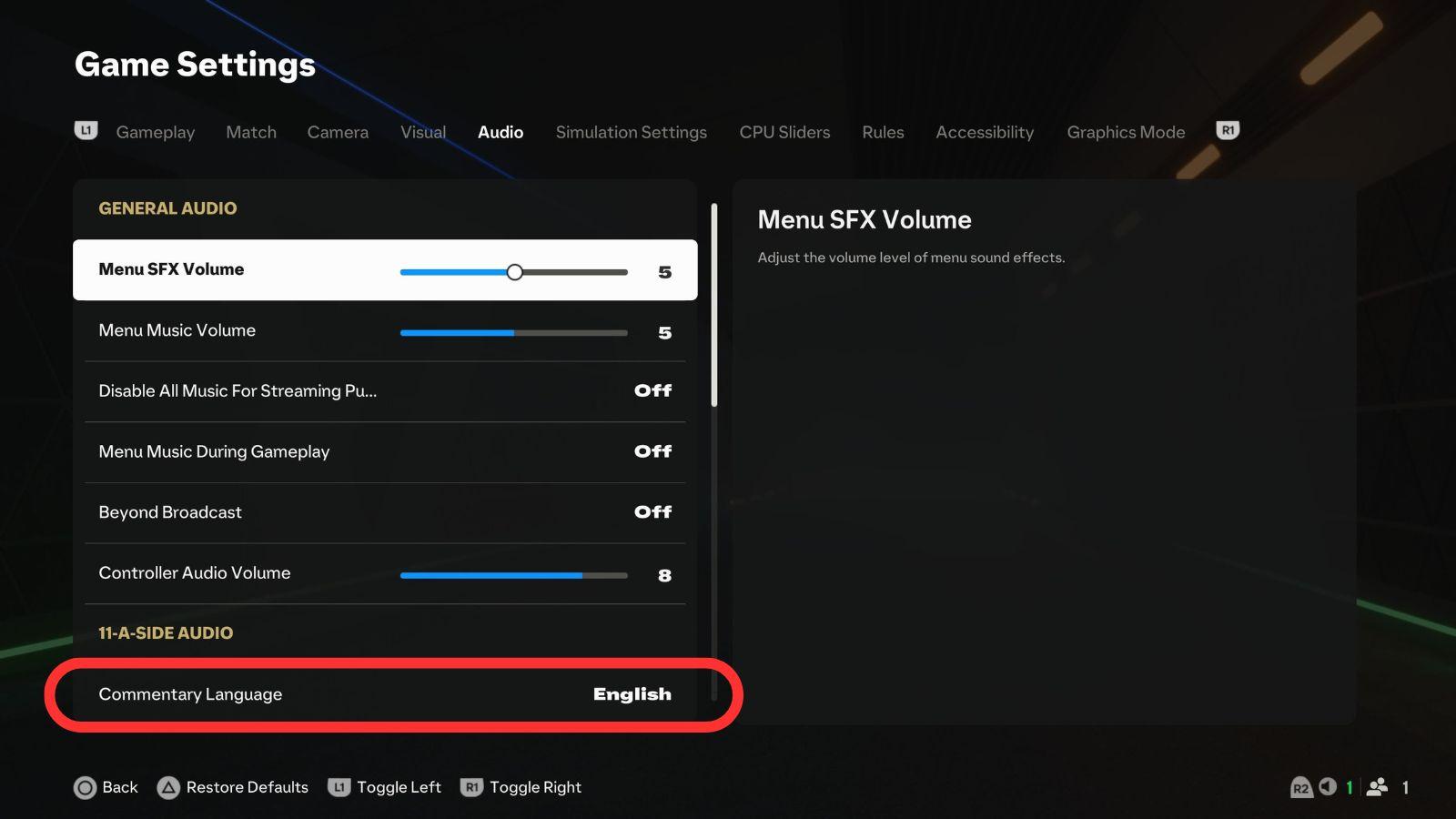 Box highlighting commentator language in EA FC 25 settings