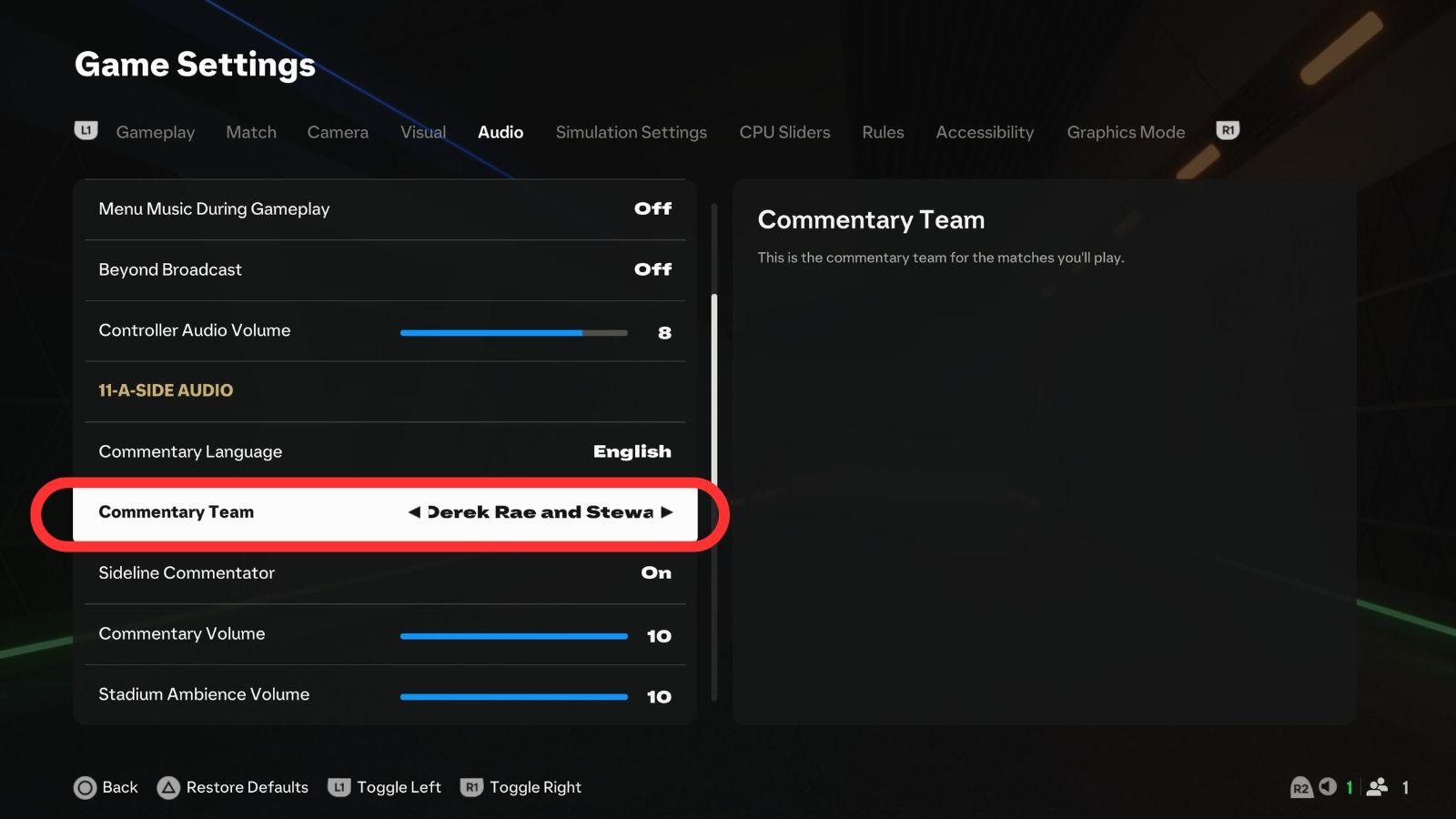 Screenshot with how to change commentary team highlighted in EA FC 25