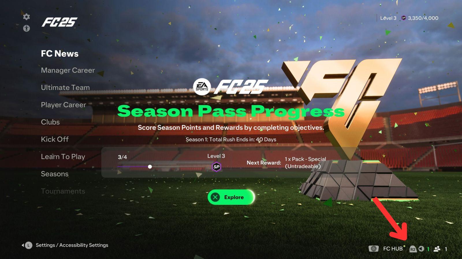 Arrow pointing to social hub in EA FC 25 menu