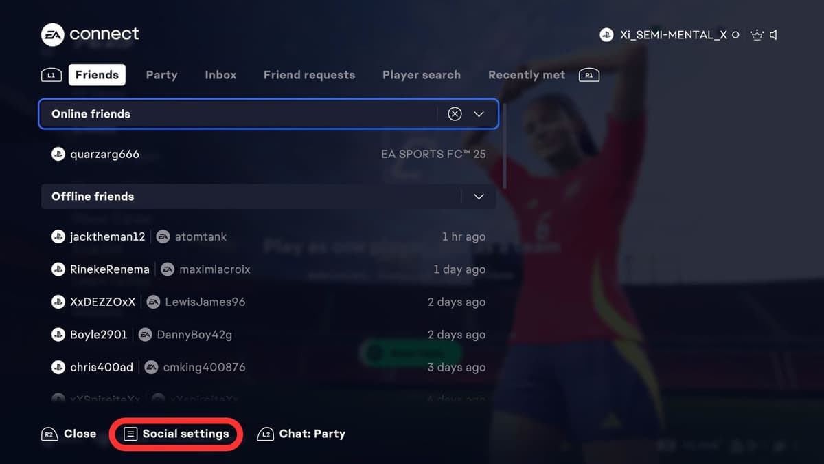 Box highlighting where to find social settings in EA FC 25