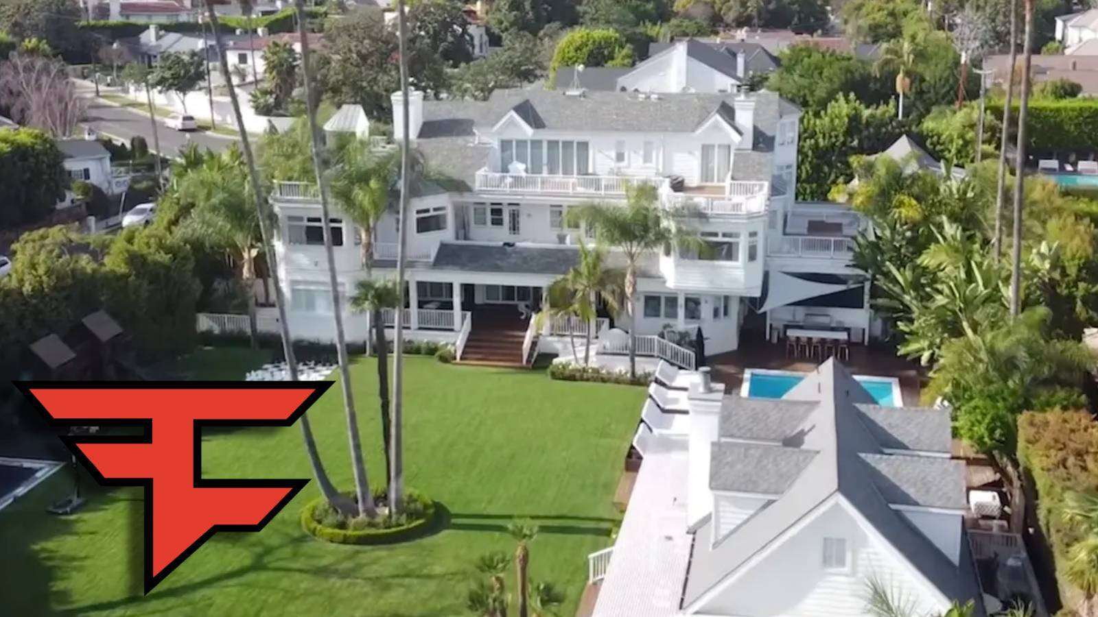 Aerial shot of Faze Clan house with logo on it