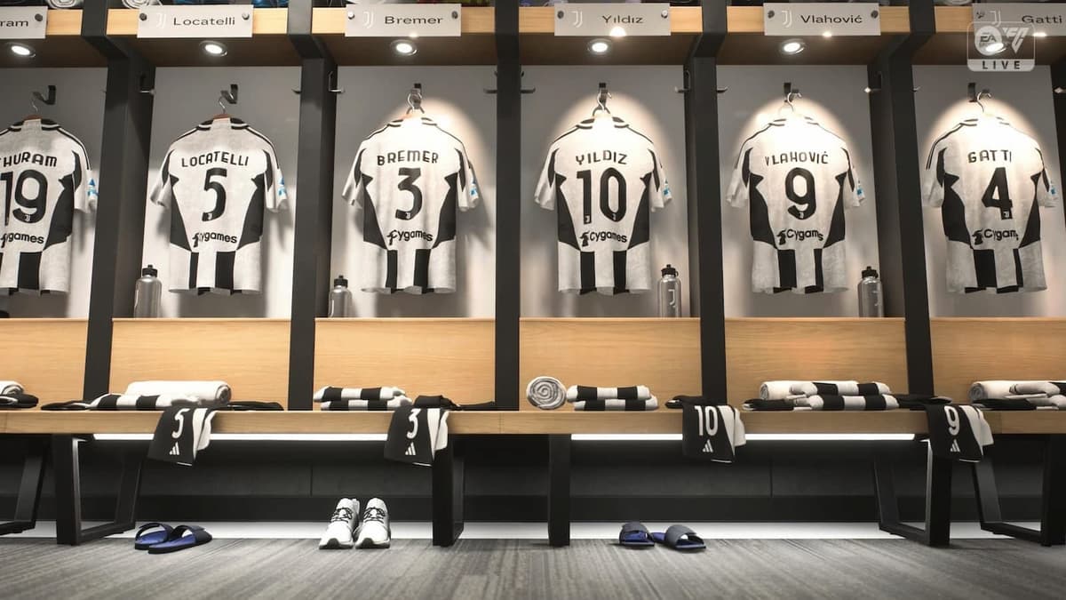 A camera shot of the Juventus locker room before a match in EA FC 25.