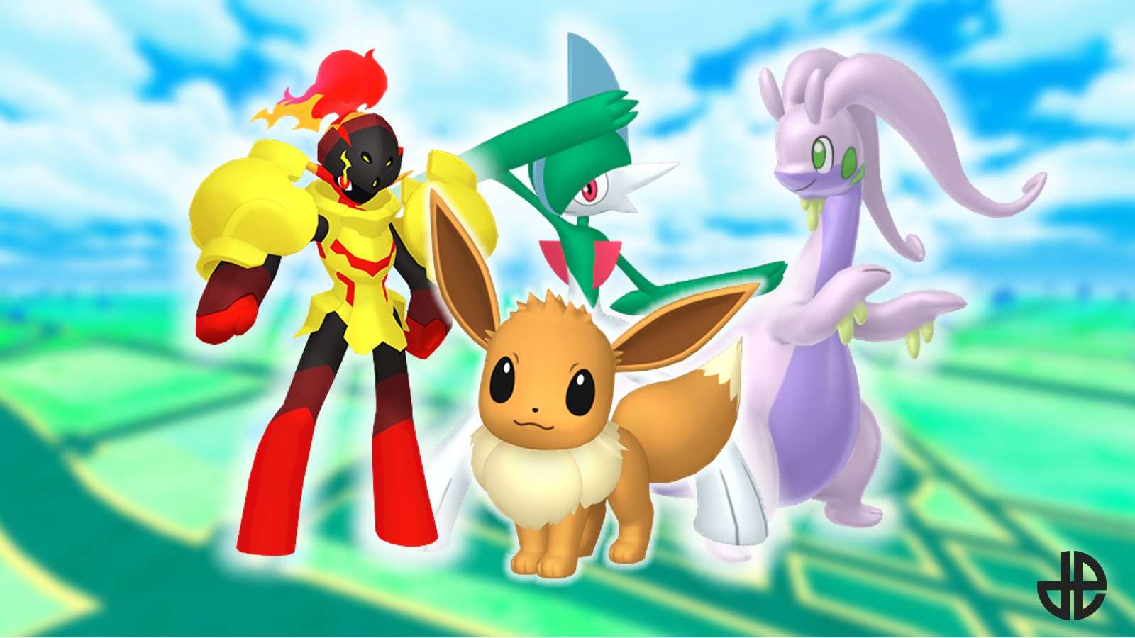 Armarogue, Eevee, Gallade, and Goodra over a Pokemon Go background