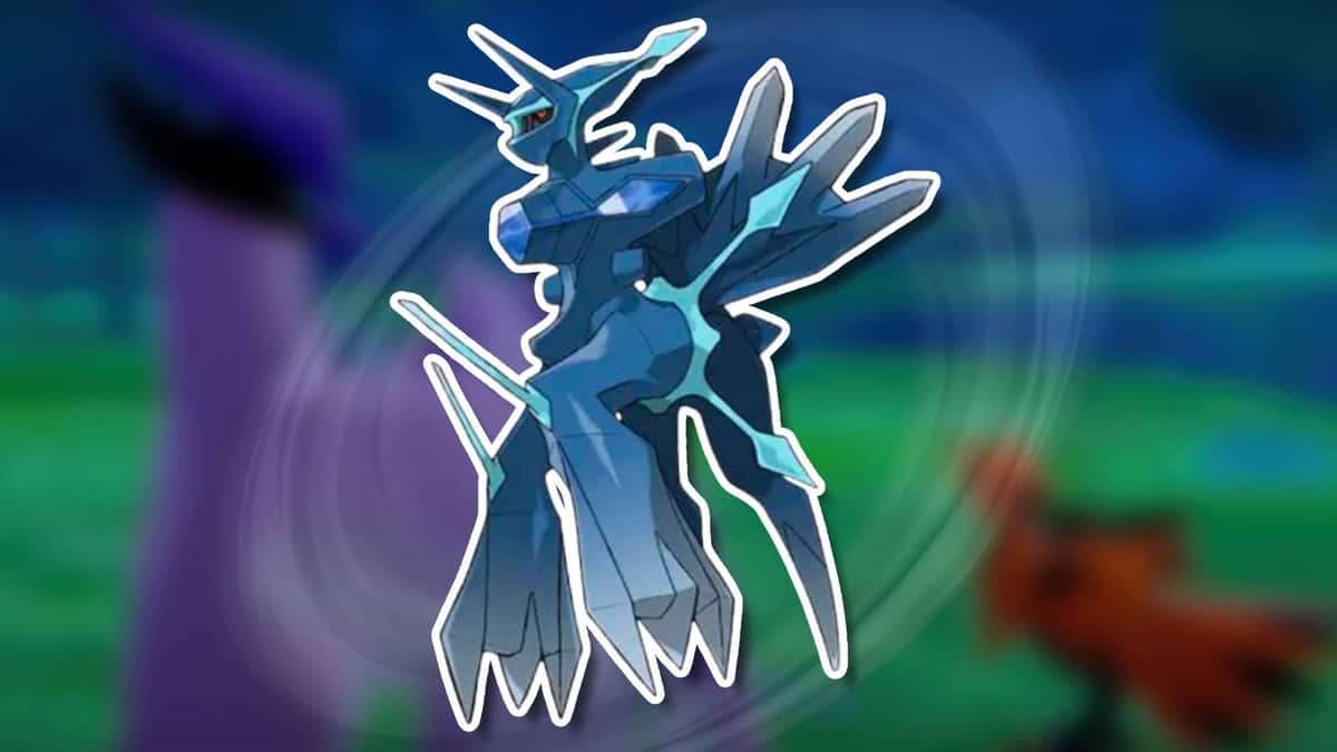 The Pokemon Origin Forme Dialga appears against a blurred background