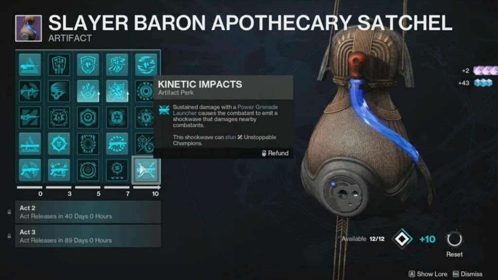 Screenshot of the seasonal artifact perks in Destiny 2 Episode Revenant Act 1.