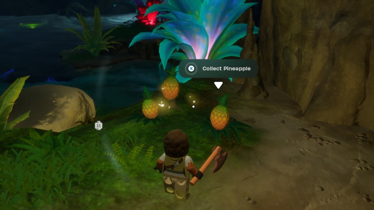 A screenshot featuring pineapples on the ground in LEGO Fortnite.