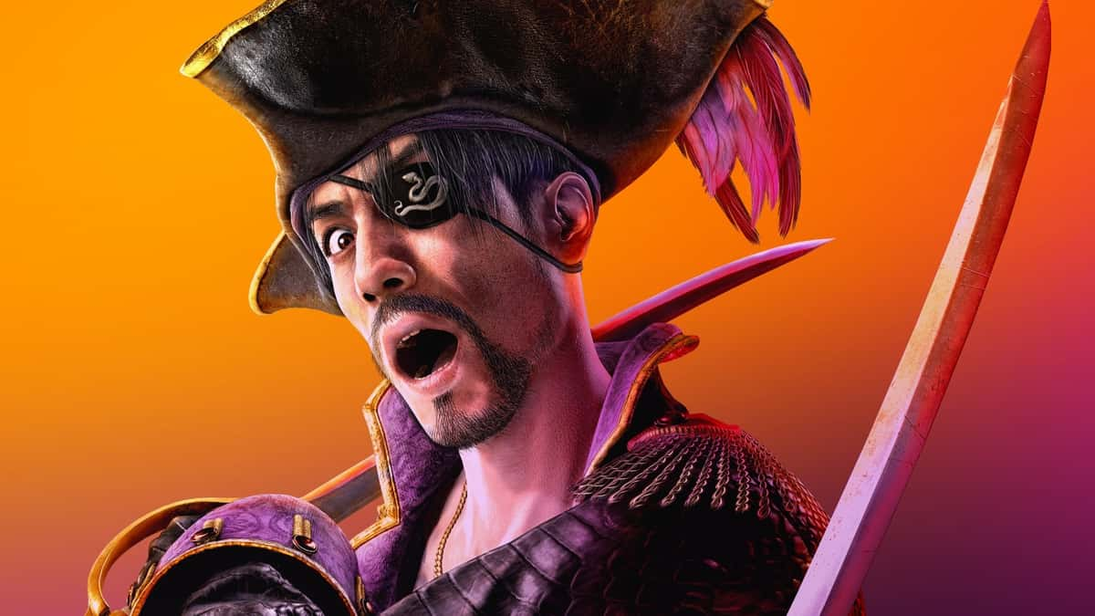 Arte per Like A Dragon: Pirate Yakuza alle Hawaii che mostra Goro Majima con un cappello da pirata e una spada