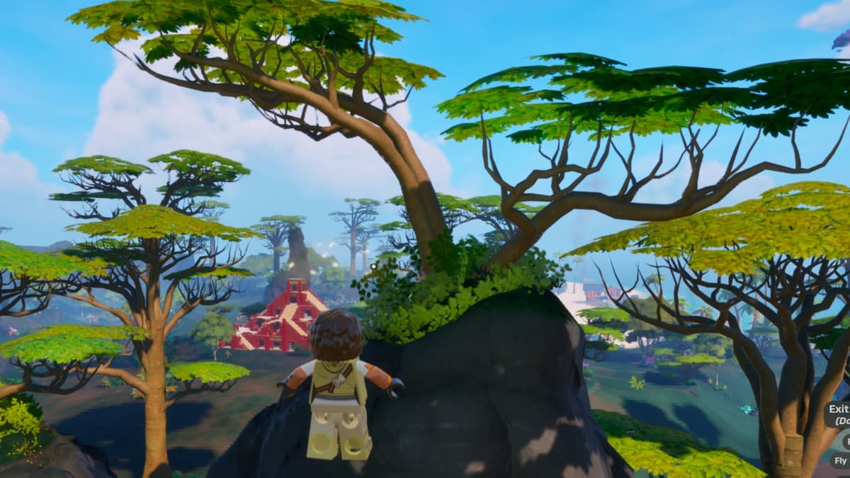 A screenshot featuring a Mahogany Wood tree in LEGO Fortnite.