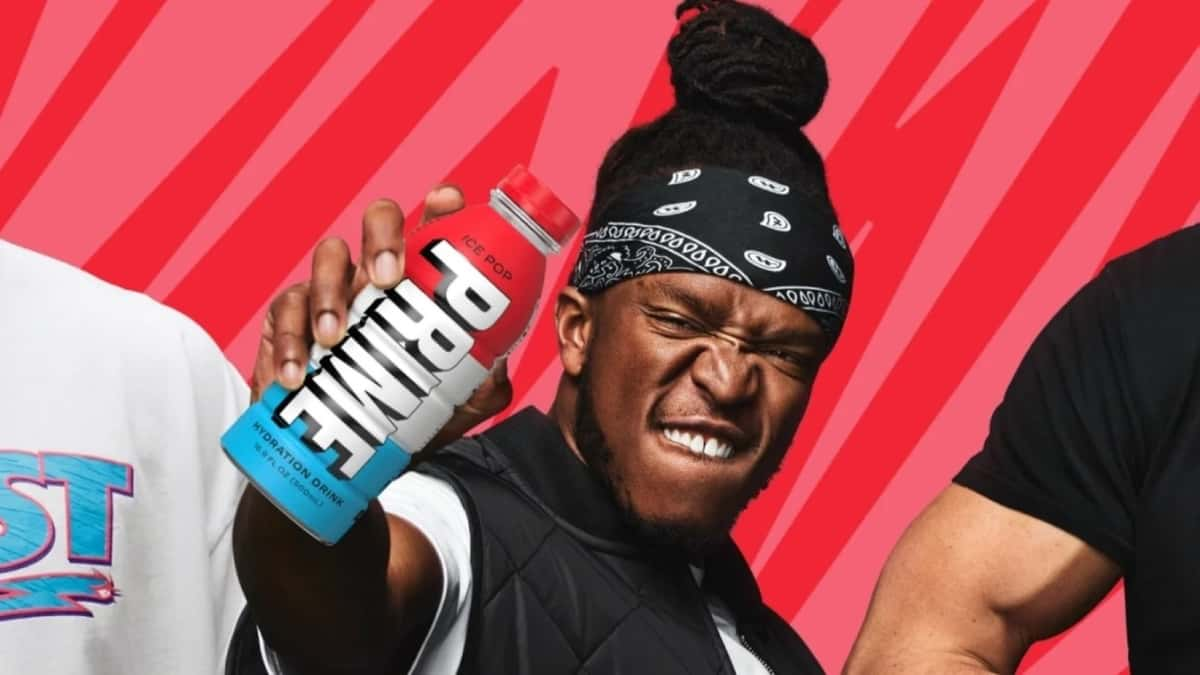 KSI holding prime bottle in lunchly ad