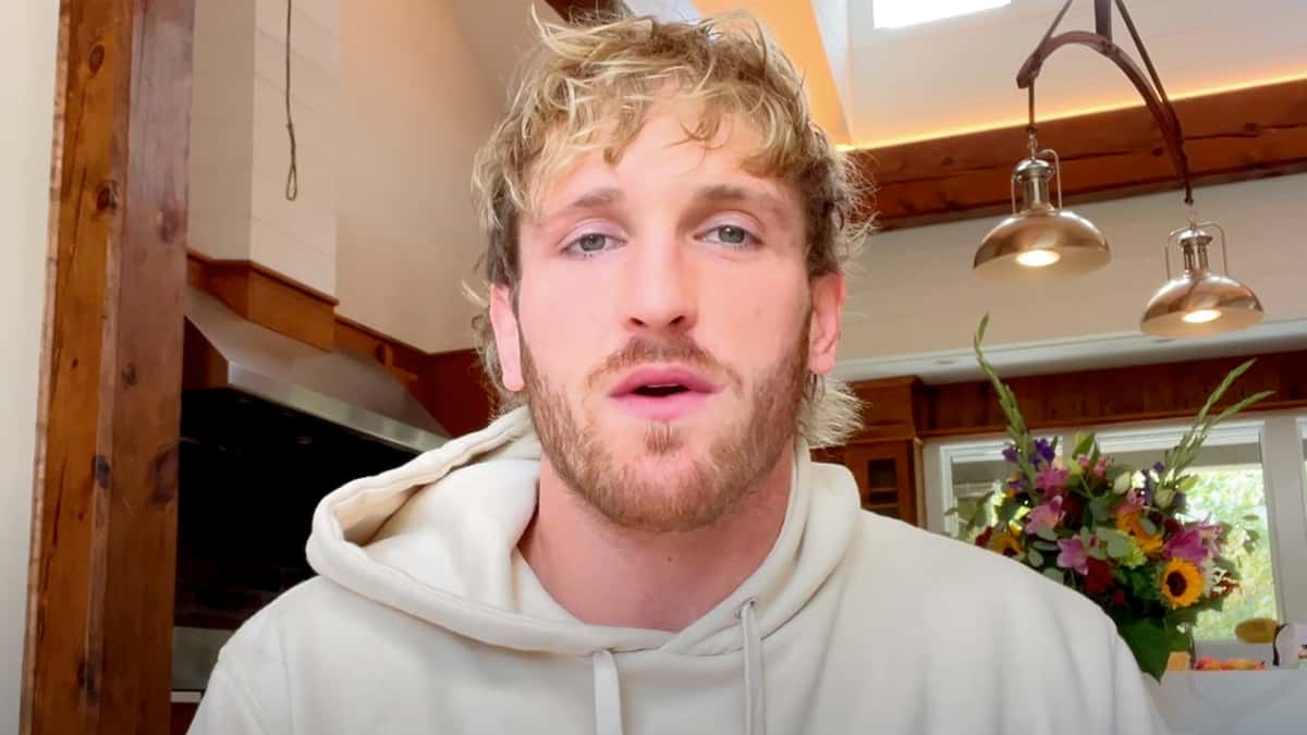 Logan Paul looking into the camera while wearing a gray hoodie