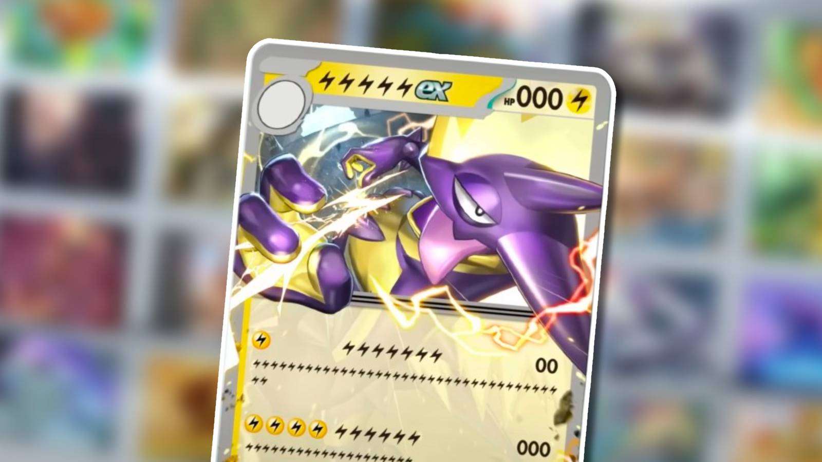 A Pokemon card featuring Toxtricity is shown against a blurred background