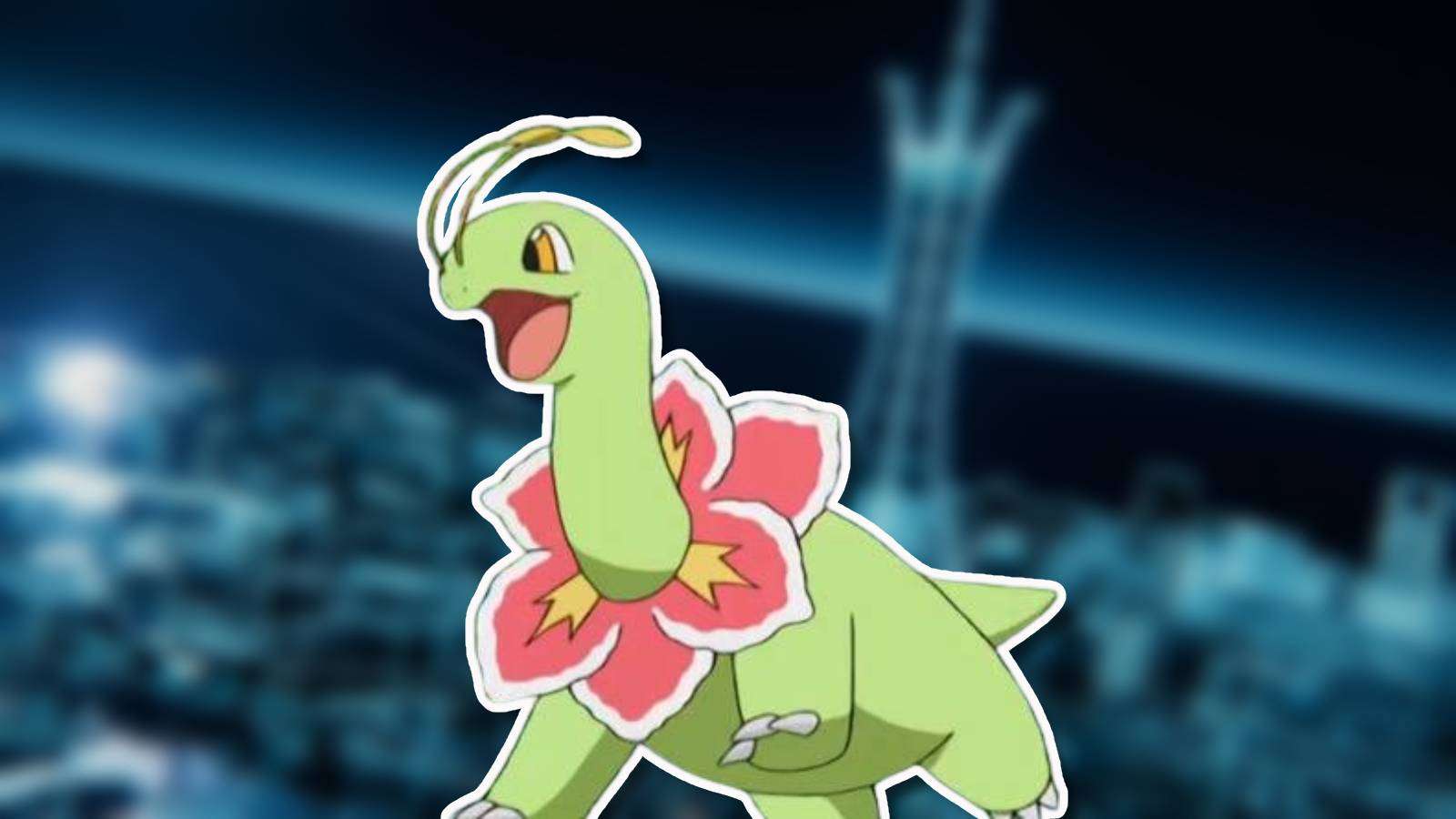 The Pokemon Meganium appears against a blurred background