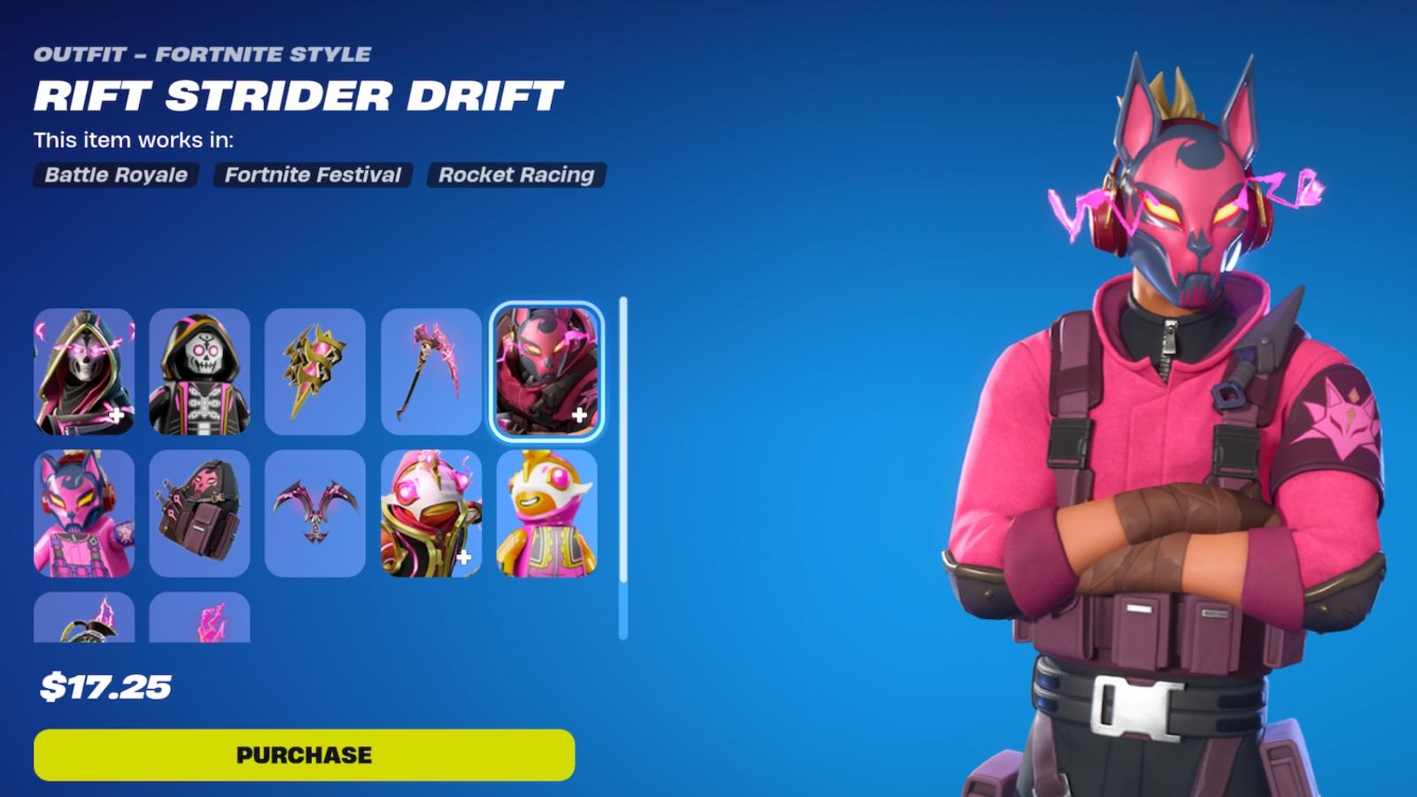 A screenshot featuring all cosmetics in the Infinite Drift Pack in Fortnite.