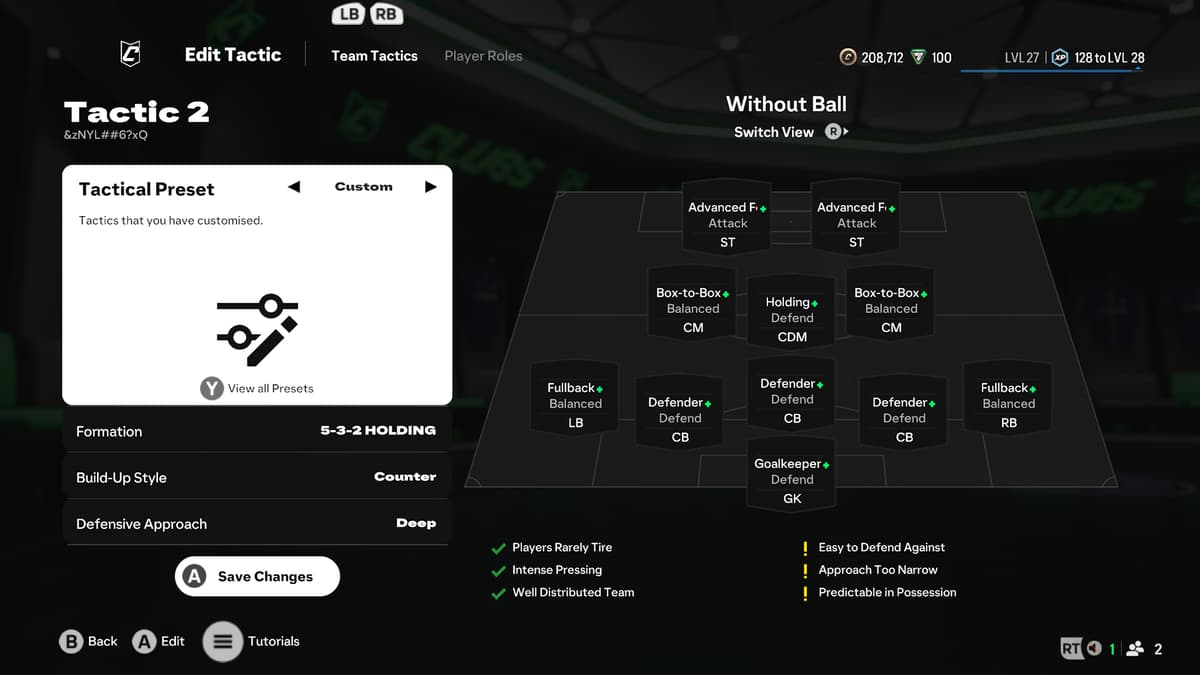 Screenshot of a meta 532 Holding Clubs formation in EA FC 25.