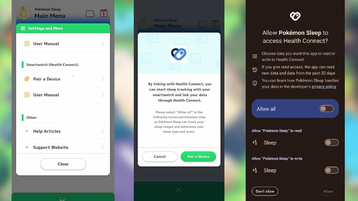 Menu screenshots show how to connect Pokemon Sleep to a Smart Watch