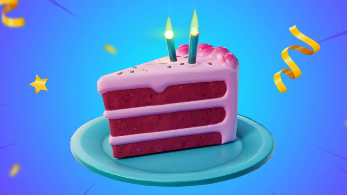 A screenshot featuring a cake slice in Fortnite.