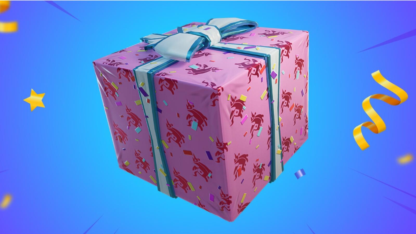 A screenshot featuring a birthday present in Fortnite.