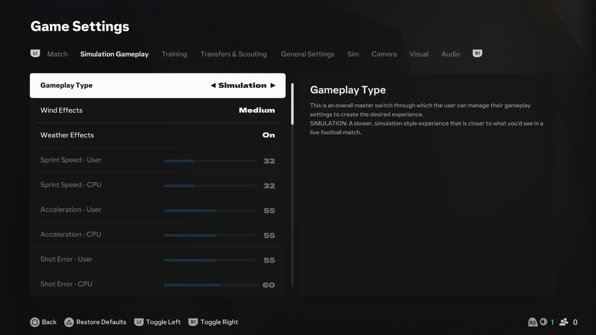 Simuation Setting menu in EA FC 25