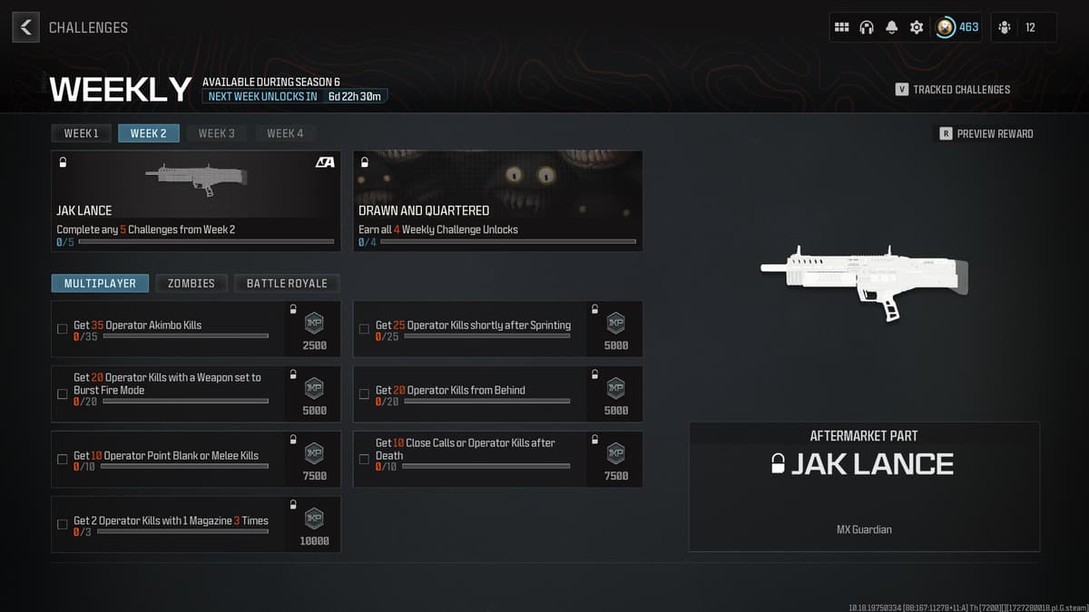 Screenshot of the weekly challenges required to unlock the JAK Lance in MW3 and Warzone.