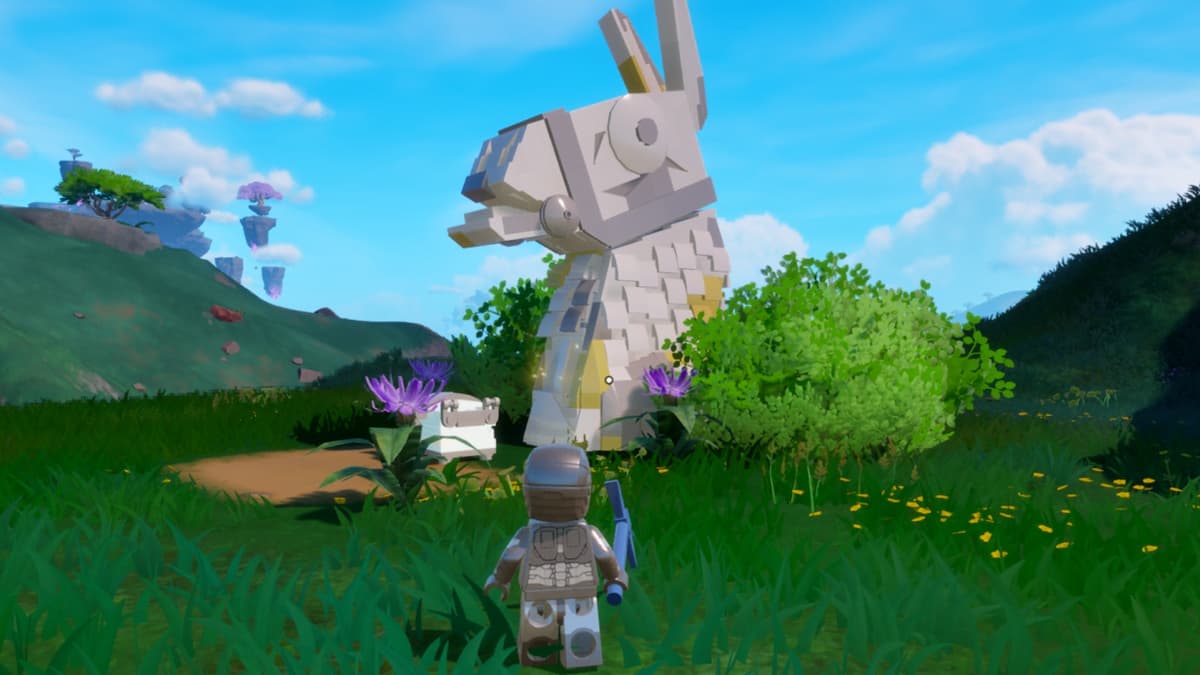 A screenshot featuring a Llama Head Island in LEGO Fortnite.