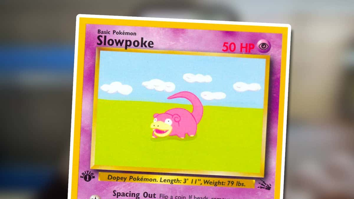 A close up shows a Slowpoke card from the 1999 Pokemon Fossil TCG set