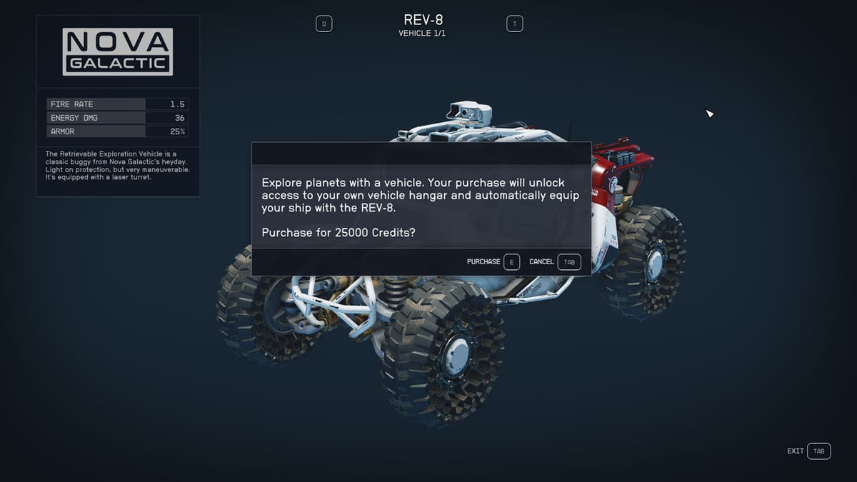 purchase screen for rev-8 vehicle in starfield