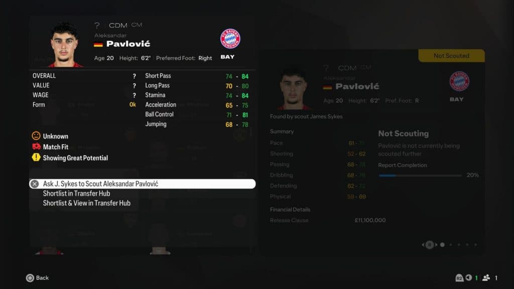 Screenshot of Pavlovic scouting screen in EA FC 25 Career Mode