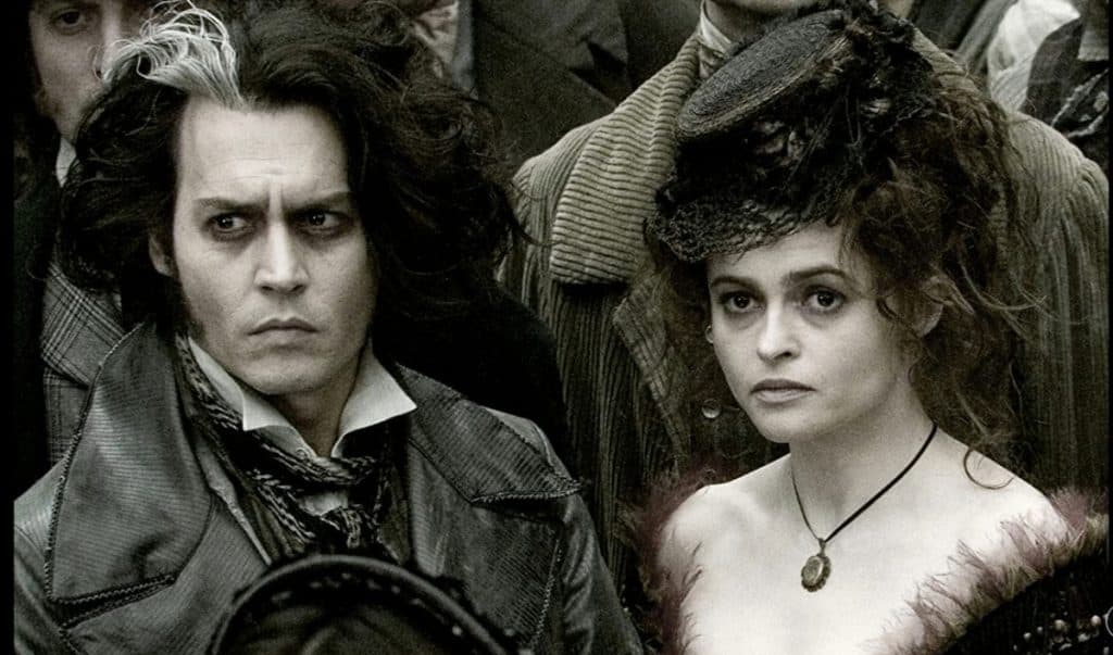 Johnny Depp and Helena Bonham Carter as Sweeney Todd and Mrs Lovett in Sweeney Todd