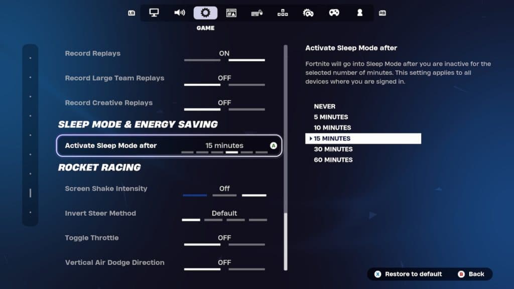 A screenshot featuring the Sleep Mode settings in Fortnite.