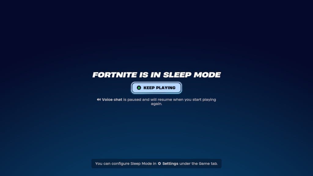 A screenshot featuring the Sleep Mode feature in Fortnite.