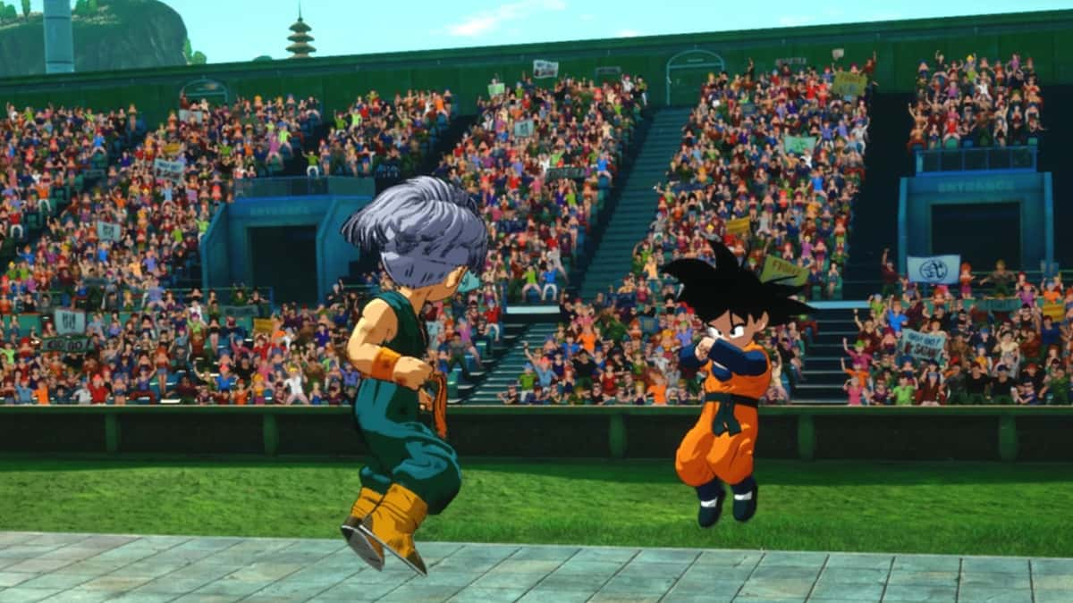 A screenshot of Kid Trunks and Goten in a custom battle in Dragon Ball: Sparking Zero.