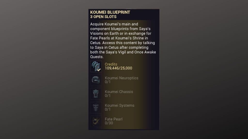 The Koumei Blueprint costs in Warframe