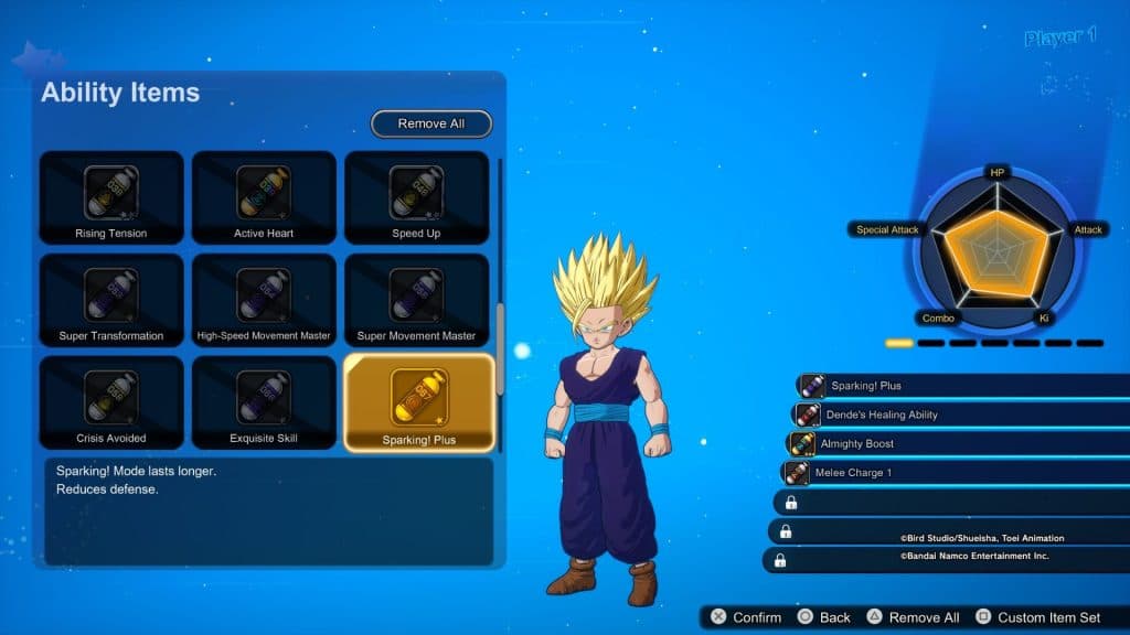 A screenshot of Gohan's capsule loadout being edited in Sparking Zero.