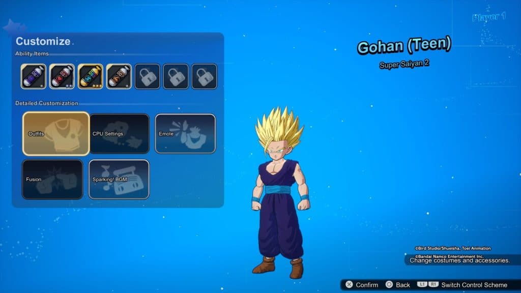 A screenshot of the customization menu with loadout and outfit options in Dragon Ball: Sparking Zero.