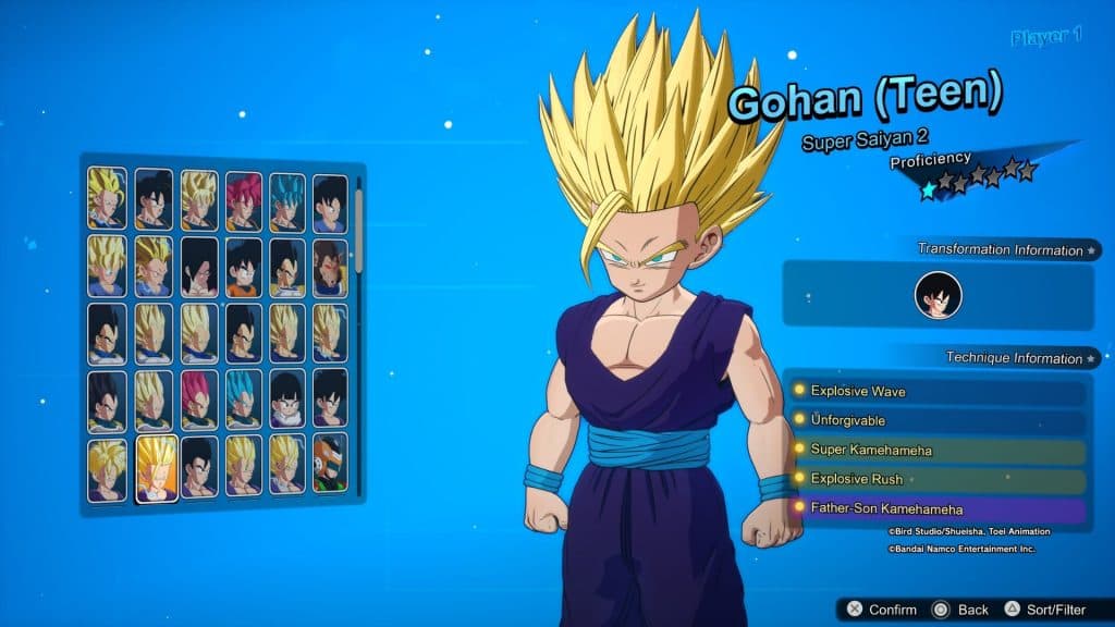 A screenshot of Teen Gohan Super Saiyan 2 in the customize menu in Sparking Zero.