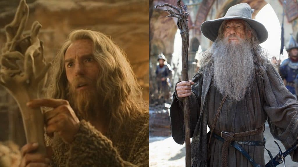 Daniel Weyman as Gandalf in Rings of Power and Ian McKellen as Gandalf in Lord of the Rings