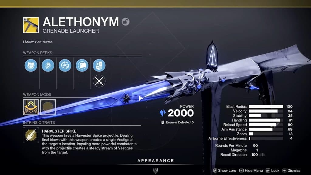 The Alethonym exotic grenade launcher in Destiny 2.