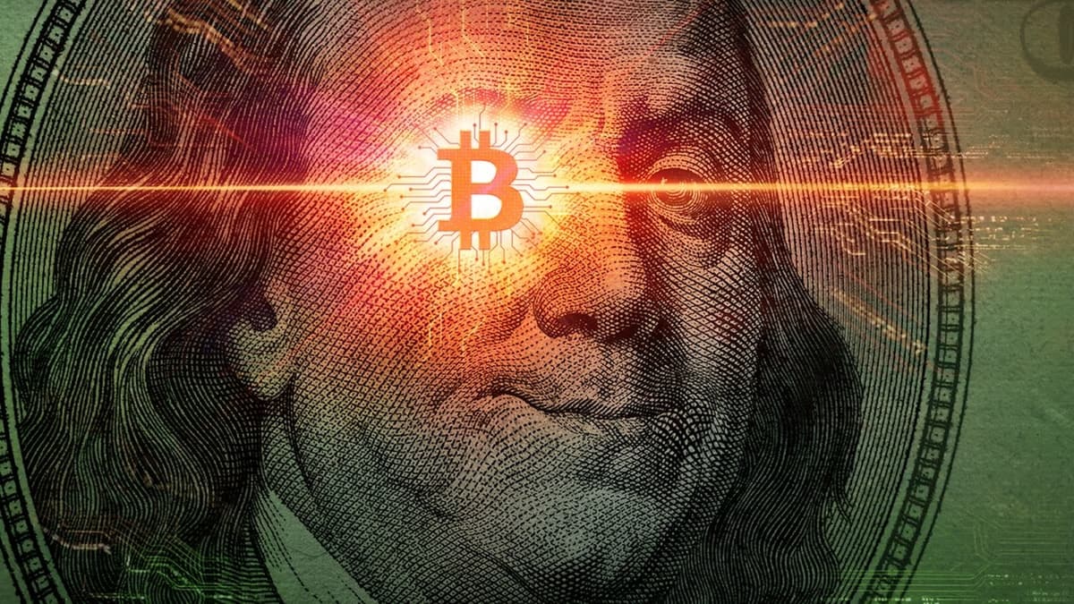 Image of Benjamin Franklin on a note with a Bitcoin logo