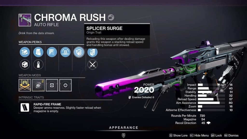 Screenshot showing the Splicer Surge weapon perk in Destiny 2.