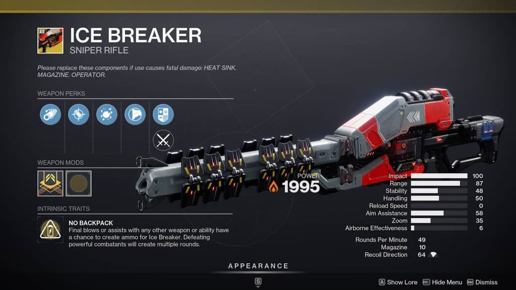 The Ice Breaker exotic sniper rifle in Destiny 2.