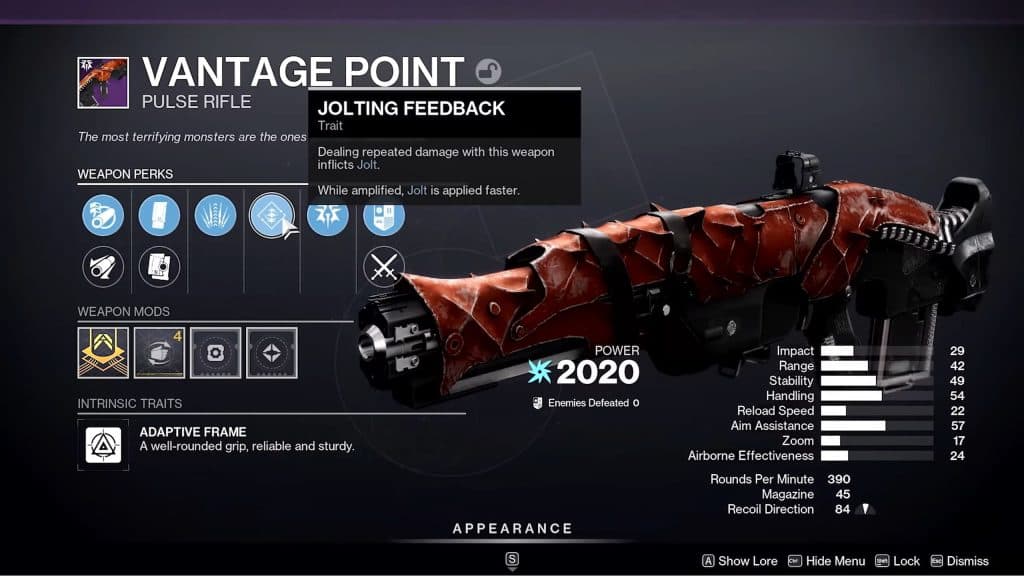 Screenshot showing the Jolting Feedback perk in Destiny 2.