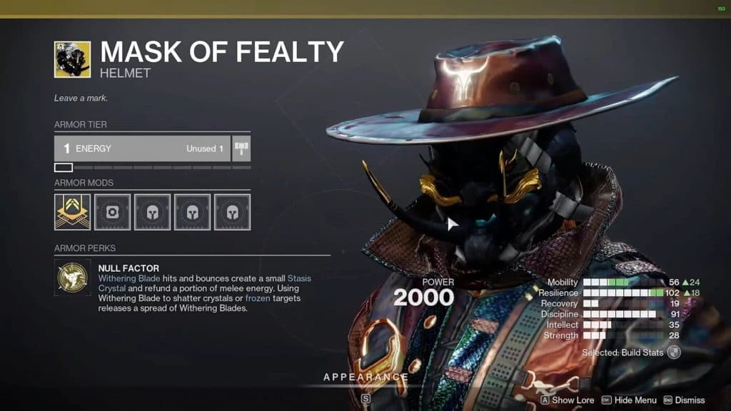 Image of the Mask of Fealty Hunter exotic in Destiny 2.